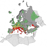 Grøn = myg findes ikke, Gul = myg er kommet til, Rød = myg er til stede